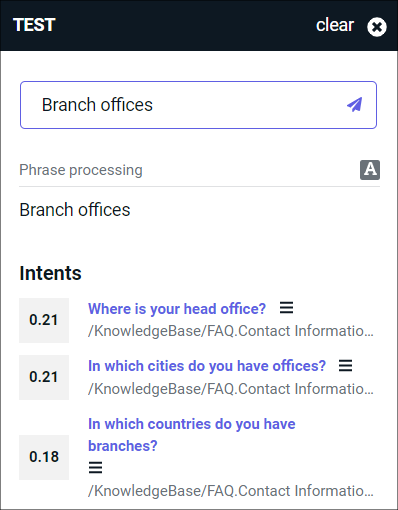 When prompted with the phrase “Branch offices”, the test widget displays a list of suitable intents with various scores.