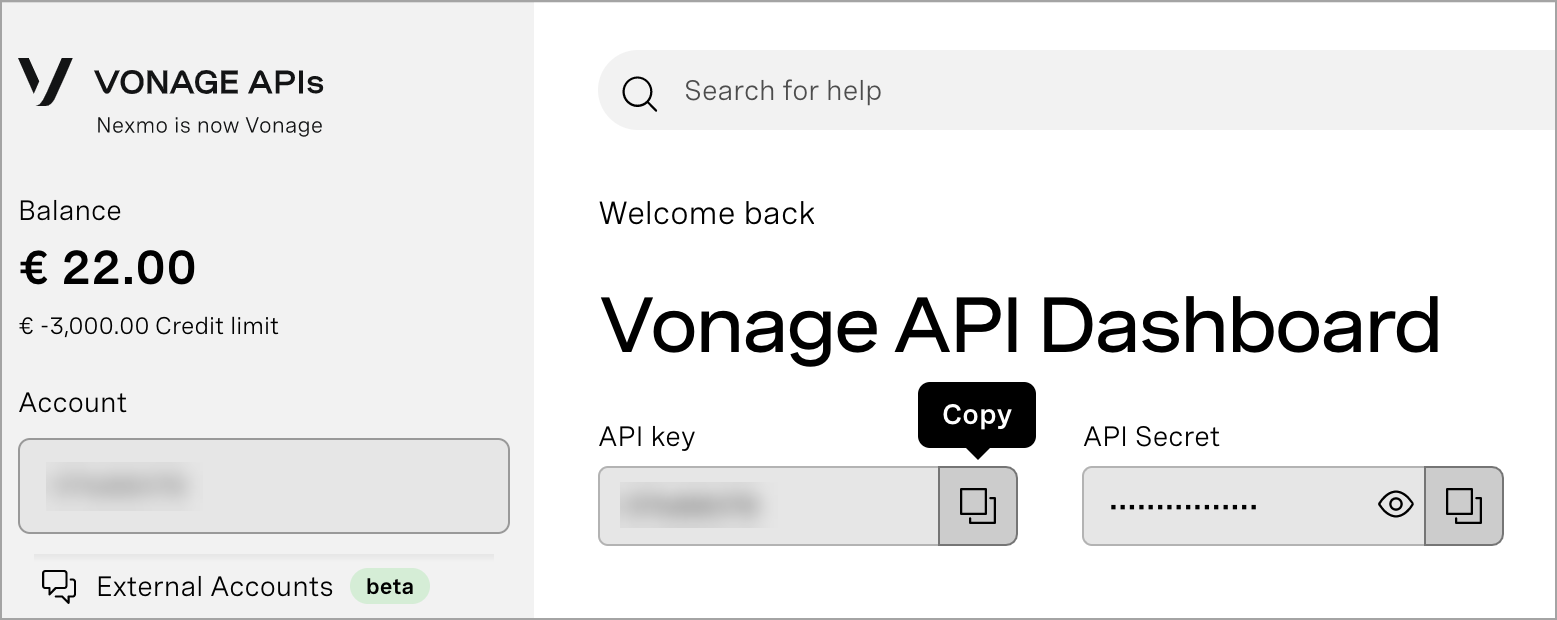 Vonage developer dashboard